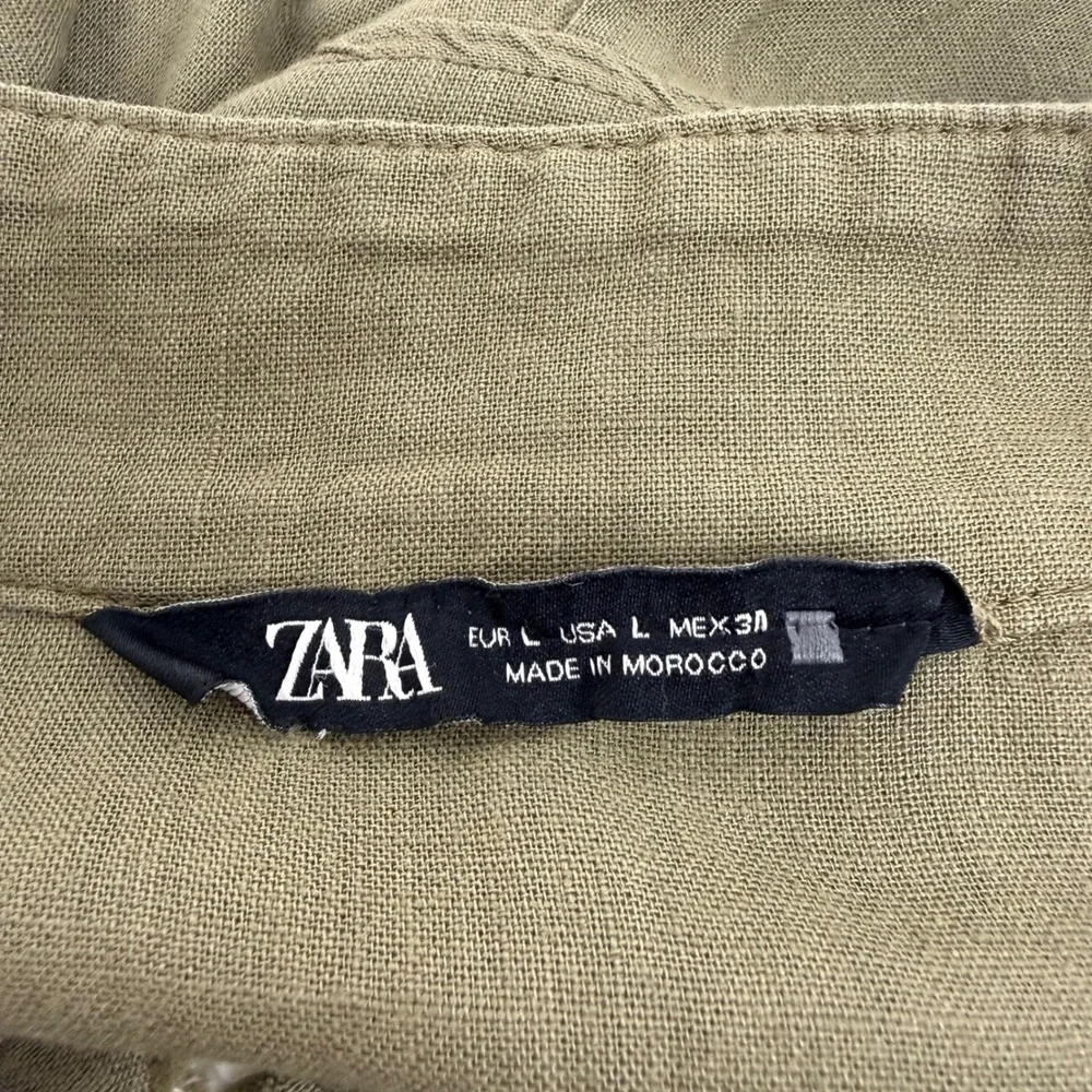 Zara Utility Jumpsuit Women L Olive Green Linen Blend Belted Short Sleeve Safari